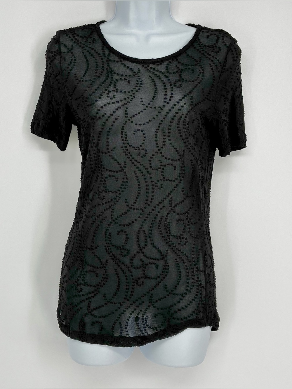 Max Mara Black Sheer Swirl Fil Coupe Clip Dot Short Sleeve Blouse Top Medium